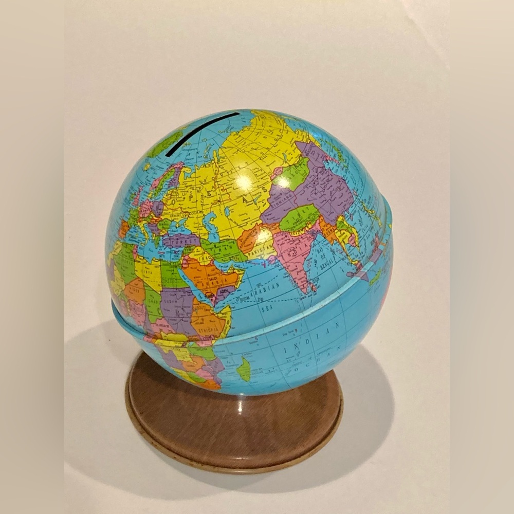 Vintage Tin World Globe Coin Bank Retro Earth Piggy Babk Ohio Art TableTop Decor